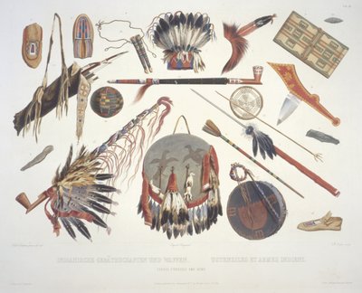 Utensilios y armas indias, grabado por Du Casse, publicado en 1841 de Karl Bodmer